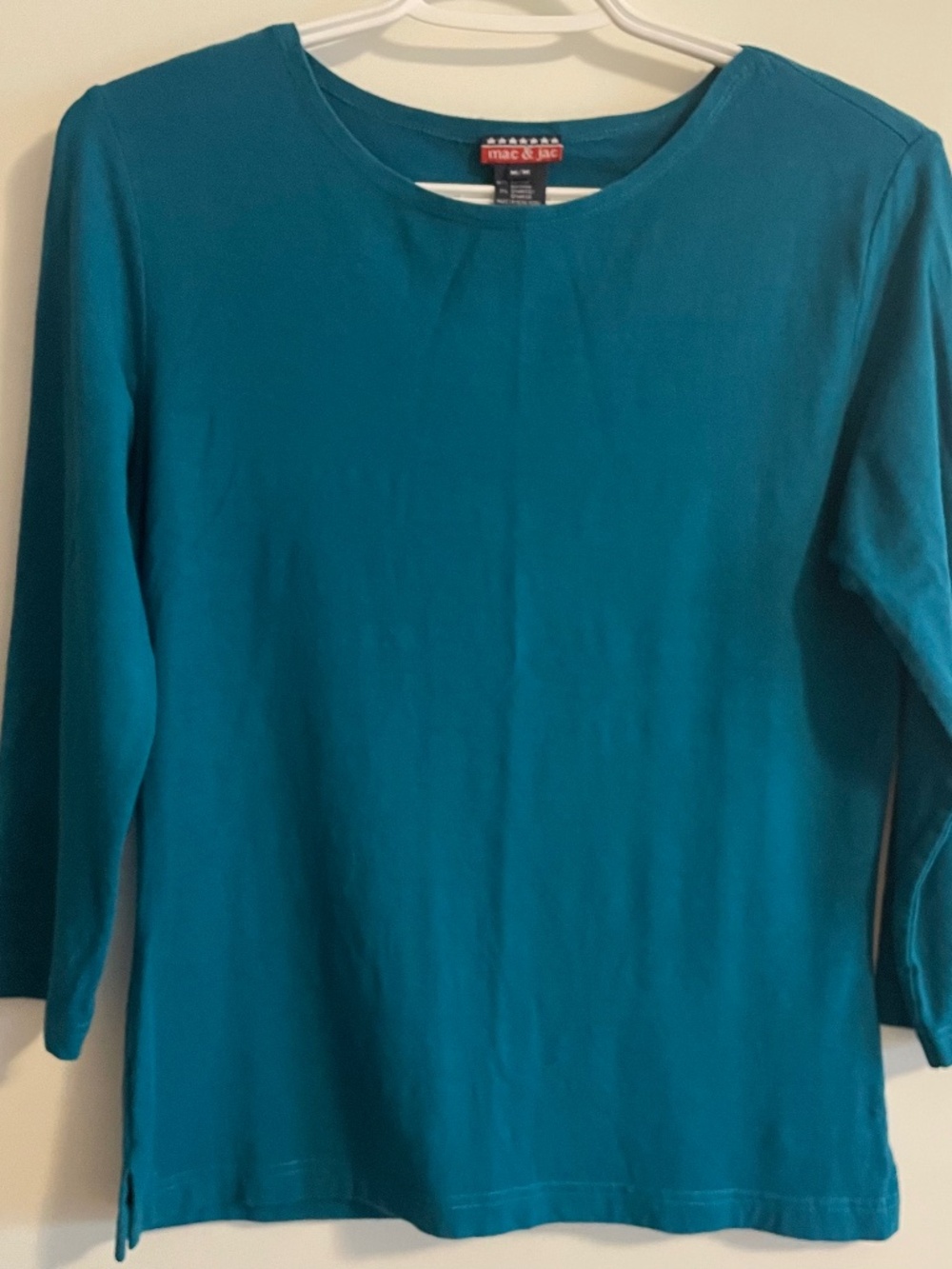 EUC Mac & Jac Fitted Teal Top with 3/4 Length Sleeves Round Neck Stretchy Medium